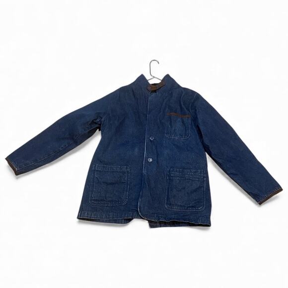 VTG Scandia Woods Denim Chore Jacket w/ Suede Trim Elbow Patches Large Button Up - Picture 1 of 10